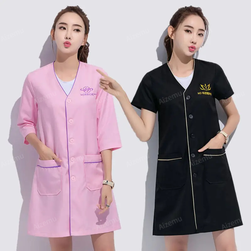 Gaun Seragam Kecantikan Pendek - Medical Lab Logo ulasan dan harga